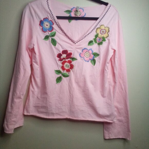 White Stag Blouse S Long Sleeve Embroidery Flowers V-Neck Pink - Picture 14 of 15